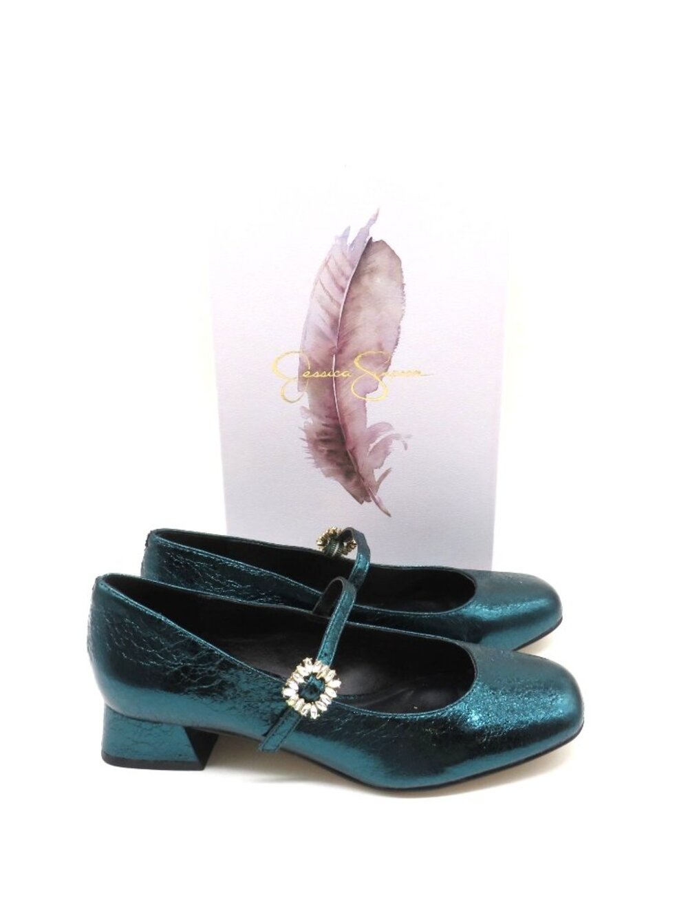 Jessica Simpson Dark Teal Metallic Mary Jane Block Heel Shoes 6M NEW
